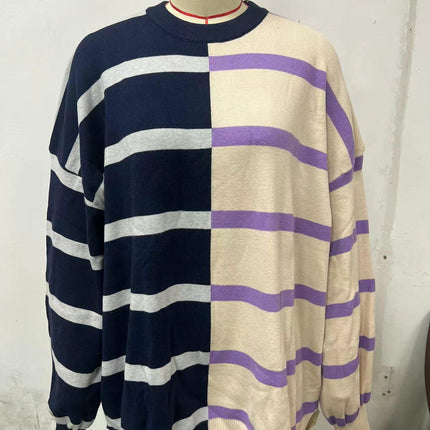 Womens Striped Pullover Sweater Crew Neck Long Sleeve Knitted Color Block Sweaters