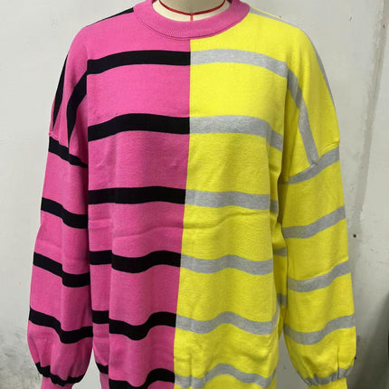 Womens Striped Pullover Sweater Crew Neck Long Sleeve Knitted Color Block Sweaters