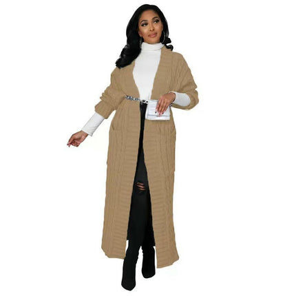 Women's Cable Knit Cardigan with 2-Pockets,  Extra Long Ankle Length Sweater