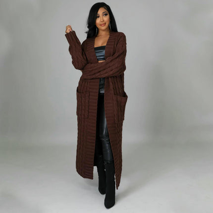 Women's Cable Knit Cardigan with 2-Pockets,  Extra Long Ankle Length Sweater