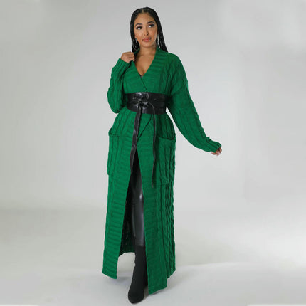 Women's Cable Knit Cardigan with 2-Pockets,  Extra Long Ankle Length Sweater
