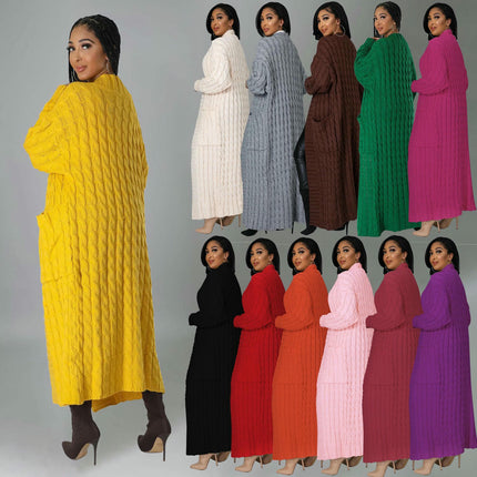 Women's Cable Knit Cardigan with 2-Pockets,  Extra Long Ankle Length Sweater 1