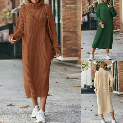 Knitted Dress Women's Long Sleeve Turtleneck Maxi Sweater Knitted Dress