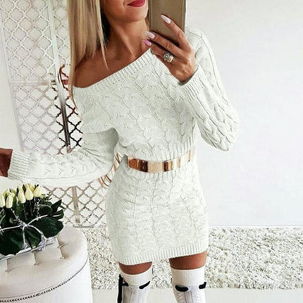 Women Casual Jumper Dress Bodycon Solid Long Sleeve Pullover Sweater Dress