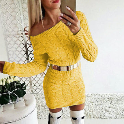 Women Casual Jumper Dress Bodycon Solid Long Sleeve Pullover Sweater Dress