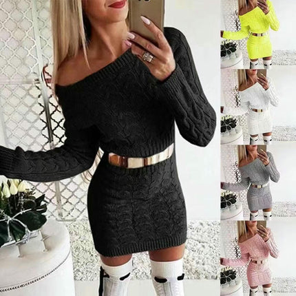 Women Casual Jumper Dress Bodycon Solid Long Sleeve Pullover Sweater Dress