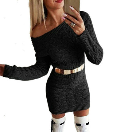 Women Casual Jumper Dress Bodycon Solid Long Sleeve Pullover Sweater Dress