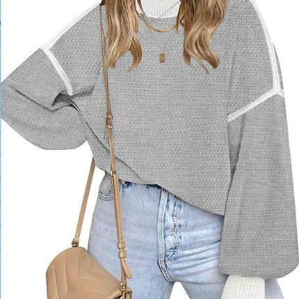 Womens Sweaters Fall Fashion Long Sleeve Color Block Crew Neck Knitted Pullover