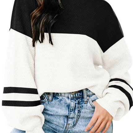 Womens Sweaters Fall Fashion Long Sleeve Color Block Crew Neck Knitted Pullover