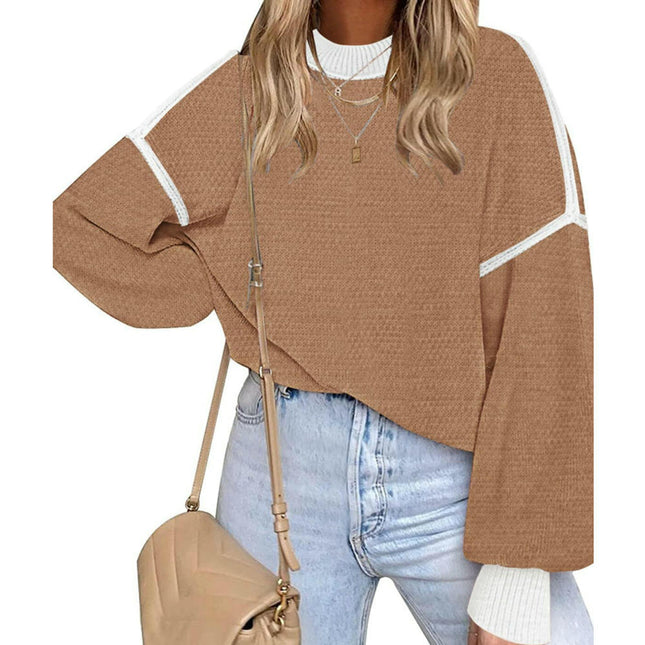 Womens Sweaters Fall Fashion Long Sleeve Color Block Crew Neck Knitted Pullover