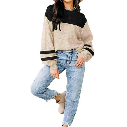 Womens Sweaters Fall Fashion Long Sleeve Color Block Crew Neck Knitted Pullover