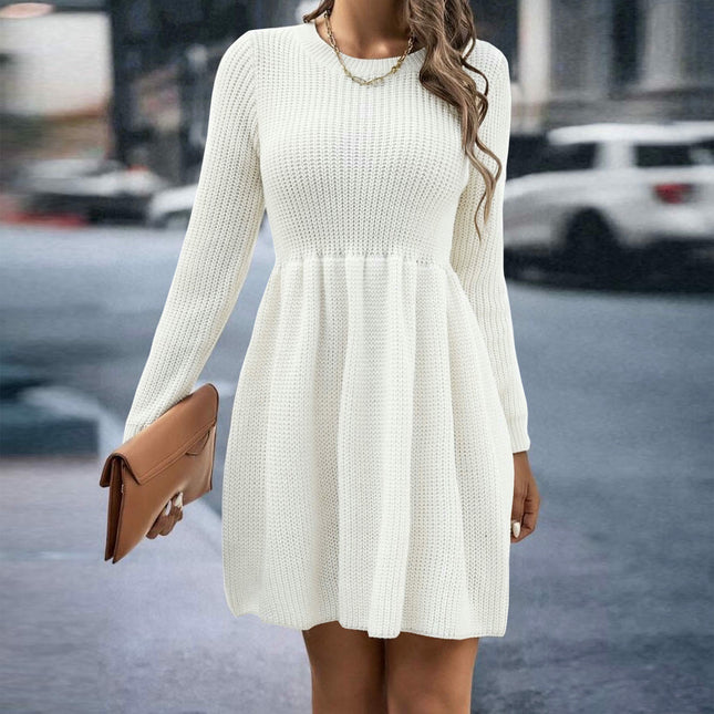 Women's Knitted Dress Round Neck Long Sleeve Babydoll Mini Skirt