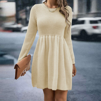 Women's Knitted Dress Round Neck Long Sleeve Babydoll Mini Skirt