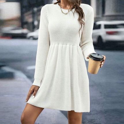 Women's Knitted Dress Round Neck Long Sleeve Babydoll Mini Skirt