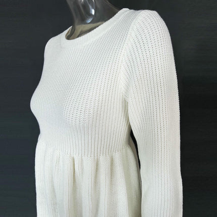 Women's Knitted Dress Round Neck Long Sleeve Babydoll Mini Skirt
