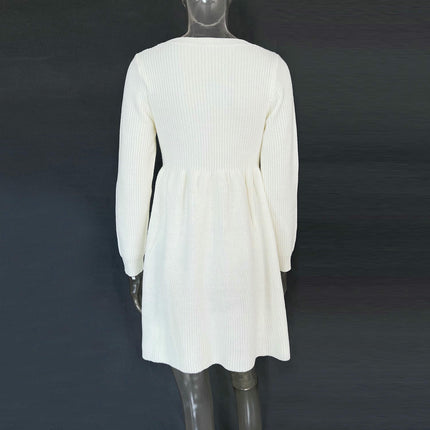 Women's Knitted Dress Round Neck Long Sleeve Babydoll Mini Skirt