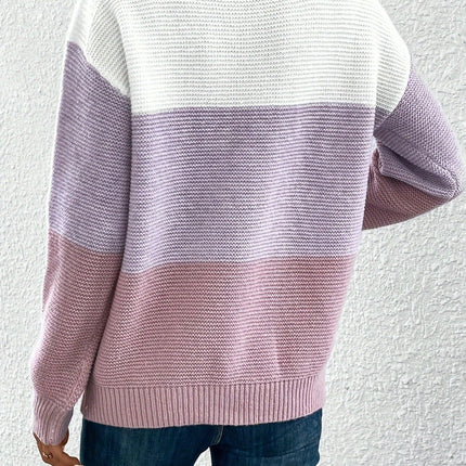 Womens Color Block Sweaters Long Sleeve Crewneck Pullover Knit Jumper Tops