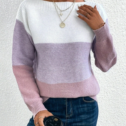 Womens Color Block Sweaters Long Sleeve Crewneck Pullover Knit Jumper Tops