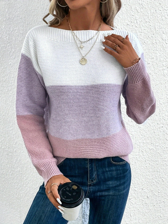 Womens Color Block Sweaters Long Sleeve Crewneck Pullover Knit Jumper Tops