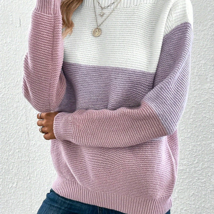 Womens Color Block Sweaters Long Sleeve Crewneck Pullover Knit Jumper Tops