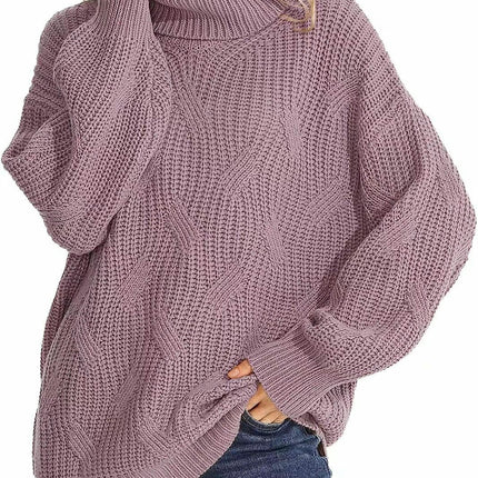 Casual Loose Turtleneck Cable Knit Sweater Women's Long Sleeve Pullover