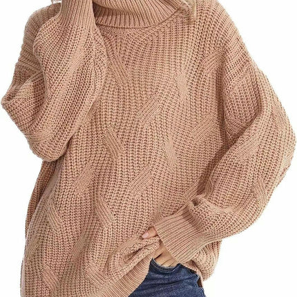 Casual Loose Turtleneck Cable Knit Sweater Women's Long Sleeve Pullover