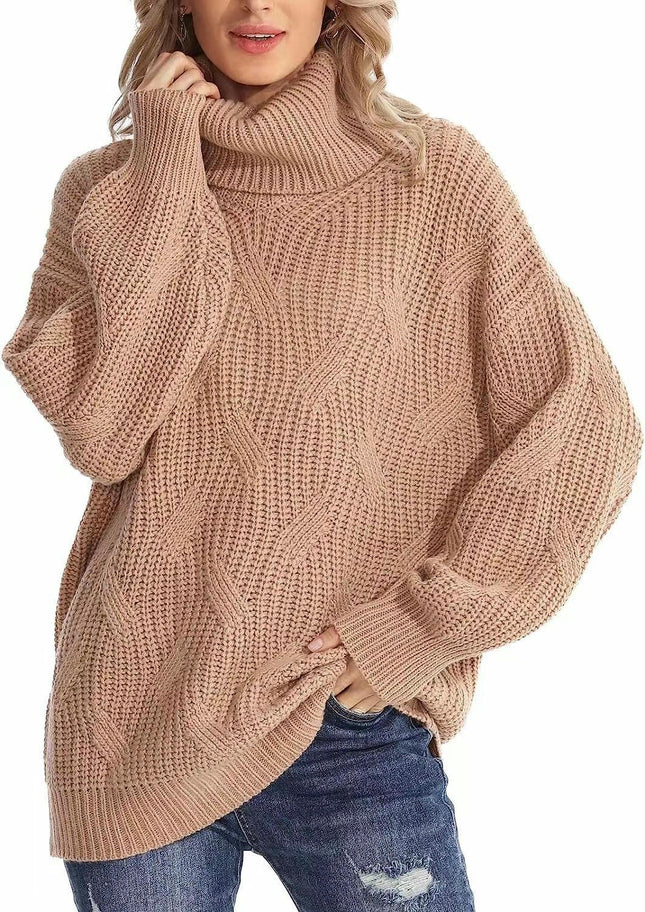 Casual Loose Turtleneck Cable Knit Sweater Women's Long Sleeve Pullover