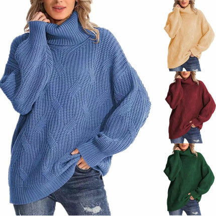 Casual Loose Turtleneck Cable Knit Sweater Women's Long Sleeve Pullover