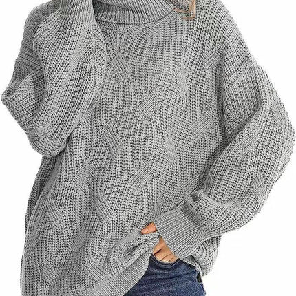Casual Loose Turtleneck Cable Knit Sweater Women's Long Sleeve Pullover