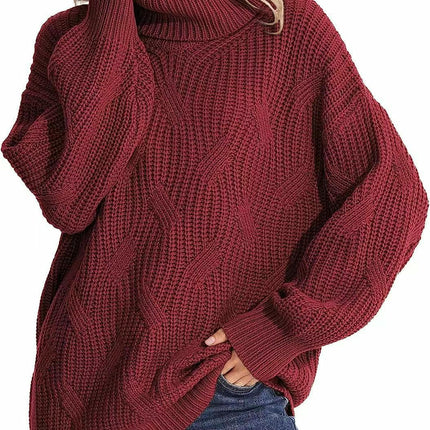 Casual Loose Turtleneck Cable Knit Sweater Women's Long Sleeve Pullover