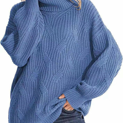 Casual Loose Turtleneck Cable Knit Sweater Women's Long Sleeve Pullover