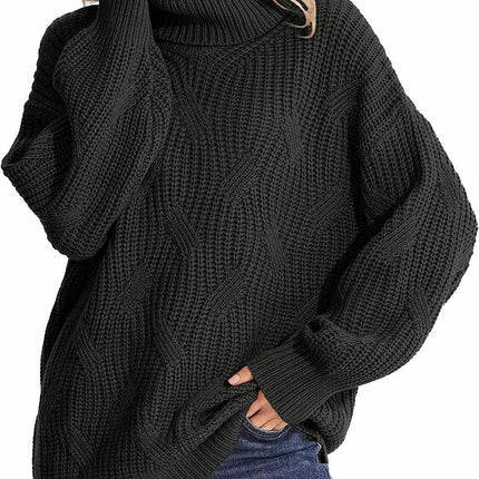 Casual Loose Turtleneck Cable Knit Sweater Women's Long Sleeve Pullover