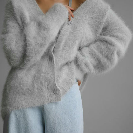 Women's Fuzzy Knit Cardigan Button Down Long Sleeve V Neck Cardigans Outwear