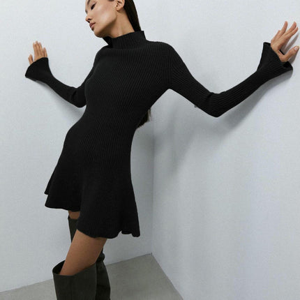 Women's Long Sleeve Dress - Turtleneck Bodycon A-Line Knit Sweater Dress