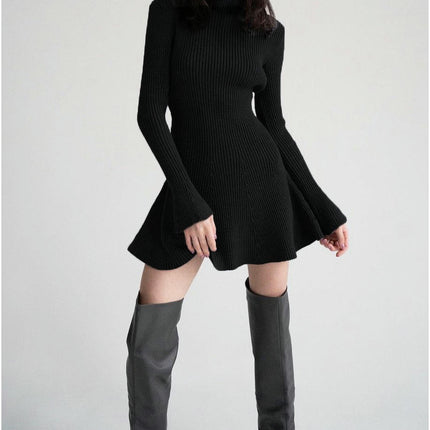 Women's Long Sleeve Dress - Turtleneck Bodycon A-Line Knit Sweater Dress