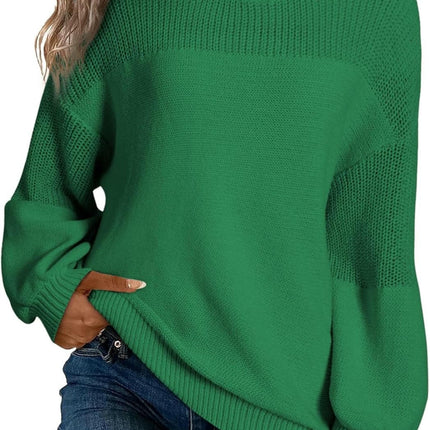 Womens Casual Lantern Sleeve Knitted Loose Crewneck Knit Solid Pullover Sweater