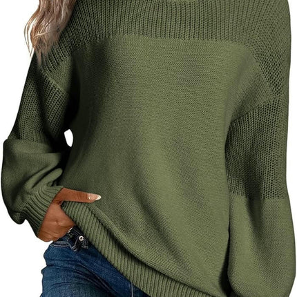 Womens Casual Lantern Sleeve Knitted Loose Crewneck Knit Solid Pullover Sweater