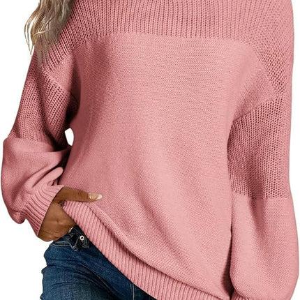 Womens Casual Lantern Sleeve Knitted Loose Crewneck Knit Solid Pullover Sweater