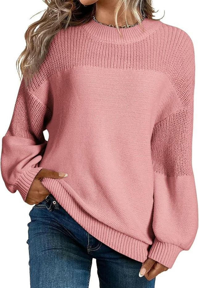 Womens Casual Lantern Sleeve Knitted Loose Crewneck Knit Solid Pullover Sweater