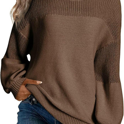 Womens Casual Lantern Sleeve Knitted Loose Crewneck Knit Solid Pullover Sweater