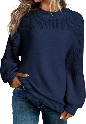 Womens Casual Lantern Sleeve Knitted Loose Crewneck Knit Solid Pullover Sweater