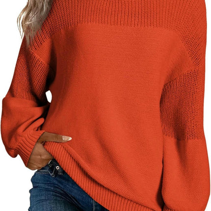 Womens Casual Lantern Sleeve Knitted Loose Crewneck Knit Solid Pullover Sweater