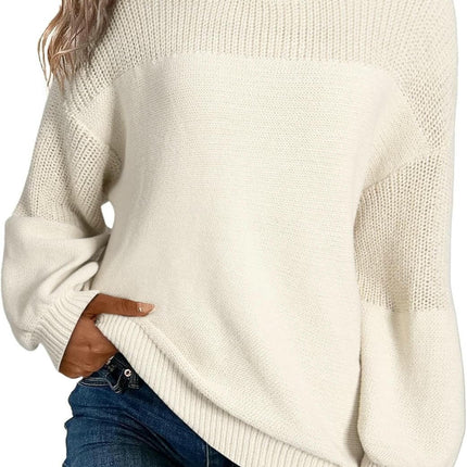 Womens Casual Lantern Sleeve Knitted Loose Crewneck Knit Solid Pullover Sweater