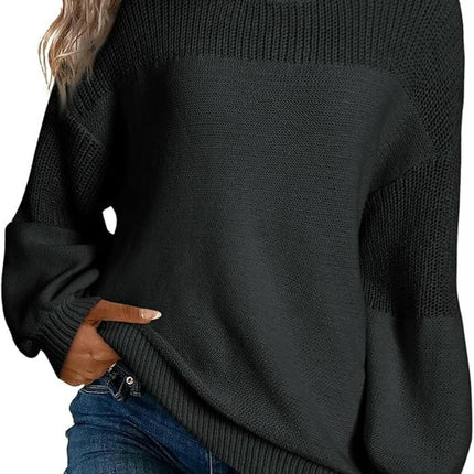 Womens Casual Lantern Sleeve Knitted Loose Crewneck Knit Solid Pullover Sweater