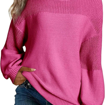 Womens Casual Lantern Sleeve Knitted Loose Crewneck Knit Solid Pullover Sweater
