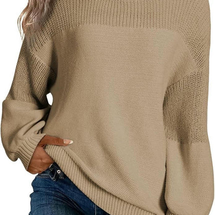 Womens Casual Lantern Sleeve Knitted Loose Crewneck Knit Solid Pullover Sweater