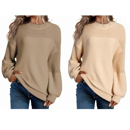 Womens Casual Lantern Sleeve Knitted Loose Crewneck Knit Solid Pullover Sweater