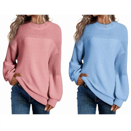 Womens Casual Lantern Sleeve Knitted Loose Crewneck Knit Solid Pullover Sweater
