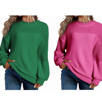 Womens Casual Lantern Sleeve Knitted Loose Crewneck Knit Solid Pullover Sweater
