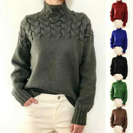 Women's Autumn and Winter High Collar Knitted Sweater Long Sleeve Pullover Top